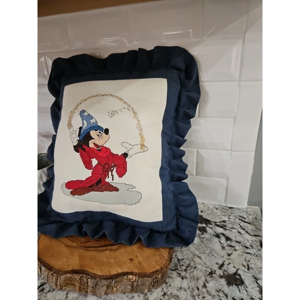Vintage Socerer Disney's Mickey Mouse Cross Stitch Accent Pillow BEAUTIFUL